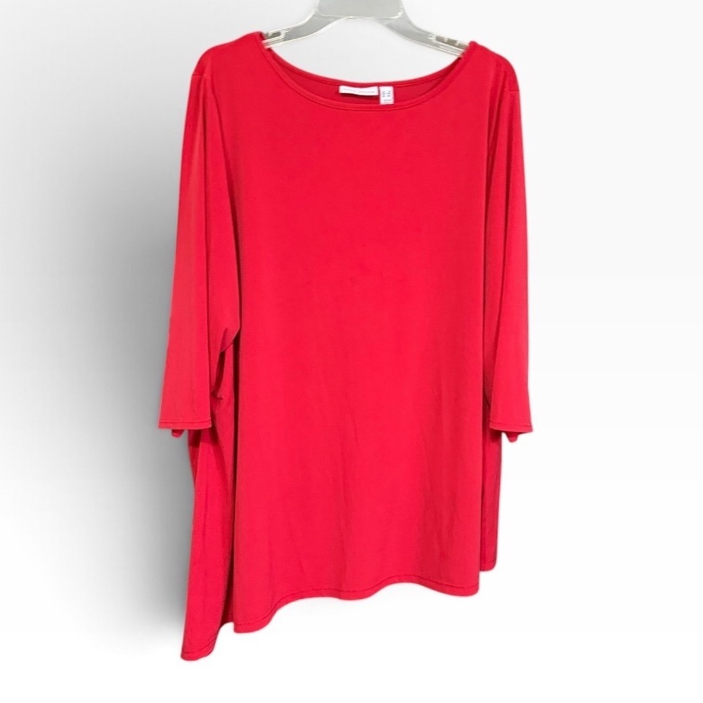 Susan Graver Liquid Knit Top Women 3X Red 3/4 Sleeve Ruched Side Tunic Office
